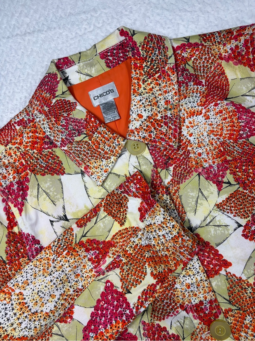 Chico's Colorful Sequin Floral Ladybug Print Jacket Blazer Button Front Sz 2(L)